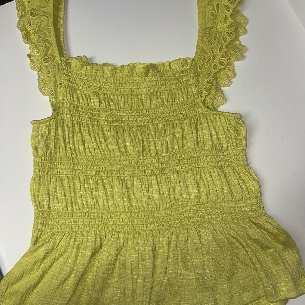 Meraki Smocked Ruffled Peplum Tank Top in Green and Yellow